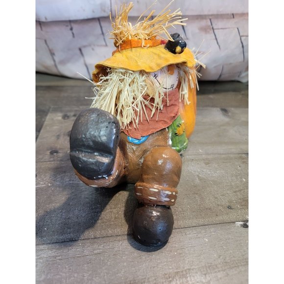 Scarecrow Leaning on pumpkin AS IS crow farmer fall autumn decor - Picture 3 of 6